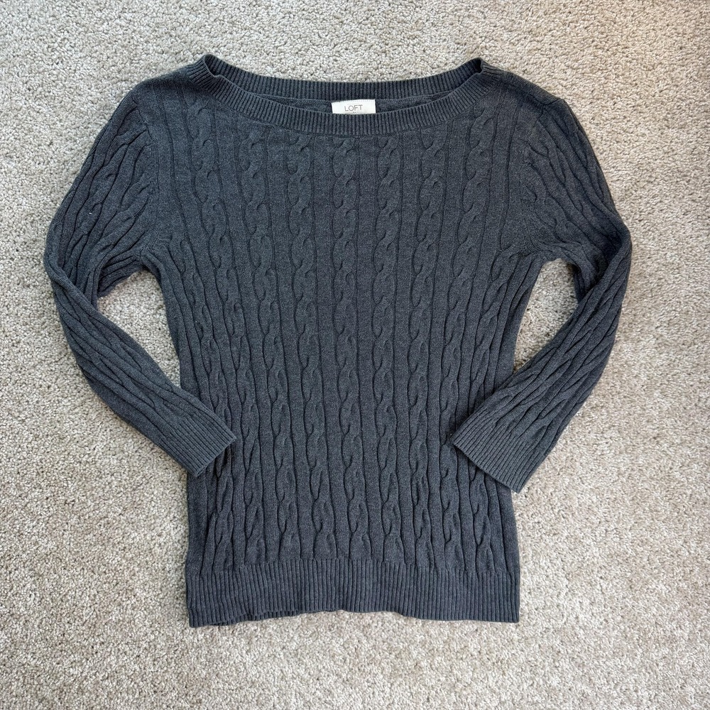 LOFT Sweater Womens Medium Gray Boat Neck Cable Knit Cotton Pullover Casual